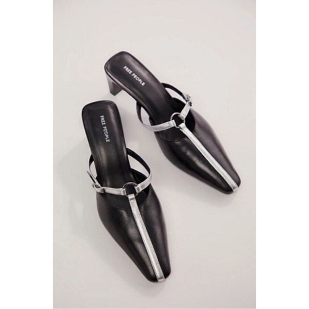 Free People Rebel Heels Slip On Mules Black Silver Leather Pointed Toe Size 7.5